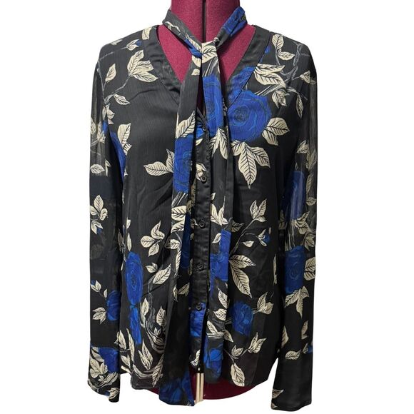 JASON WU COLLECTIVE Blue Floral Tie Neck Blouse Longsleeve Button Down Top EUC 8 - Picture 1 of 8